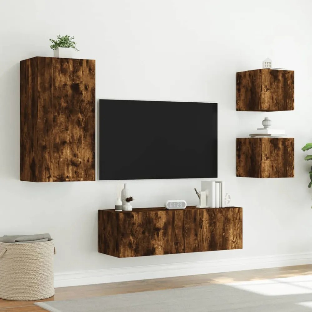 4 darab füstös tölgy színű falra szerelhető TV-szekrény LED-del