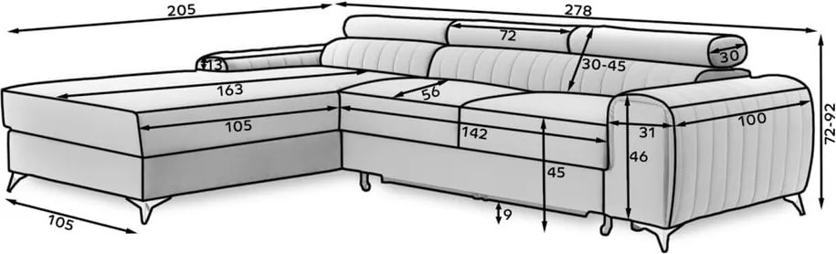 Sötétbarna bársony kinyitható-tárolóhelyes sarokkanapé (bal oldali-heverő résszel) Grayson – ELTAP