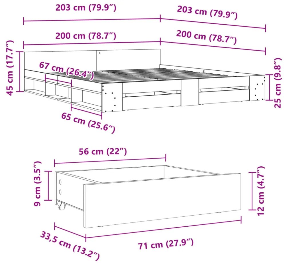 betonszürke szerelt fa ágykeret fiókokkal 200 x 200 cm