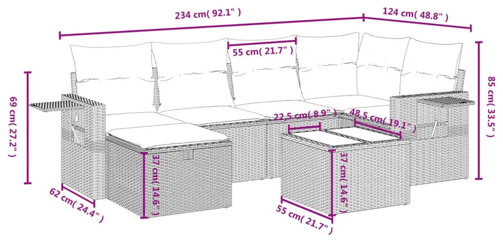 7 részes világosszürke polyrattan kerti ülőgarnitúra párnákkal