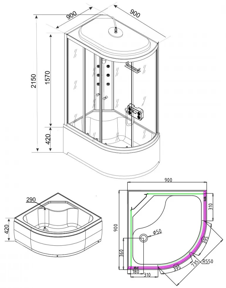 Mila hidromasszázs zuhanykabin - fekete