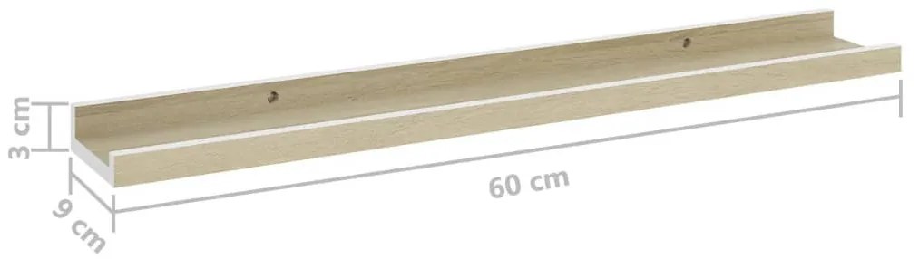 2 db fehér és sonoma tölgy színű fali polc 60 x 9 x 3 cm