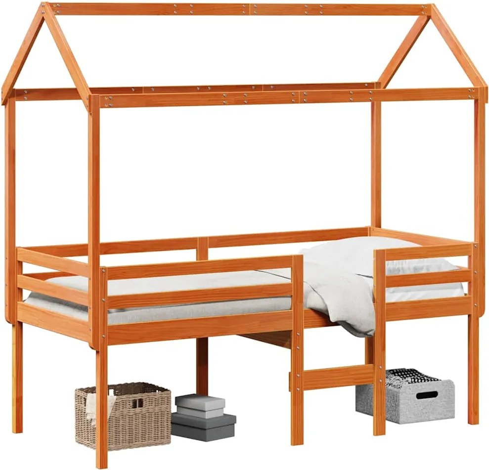 vidaXL viaszbarna tömör fenyőfa magasított ágy tetővel 90 x 190 cm