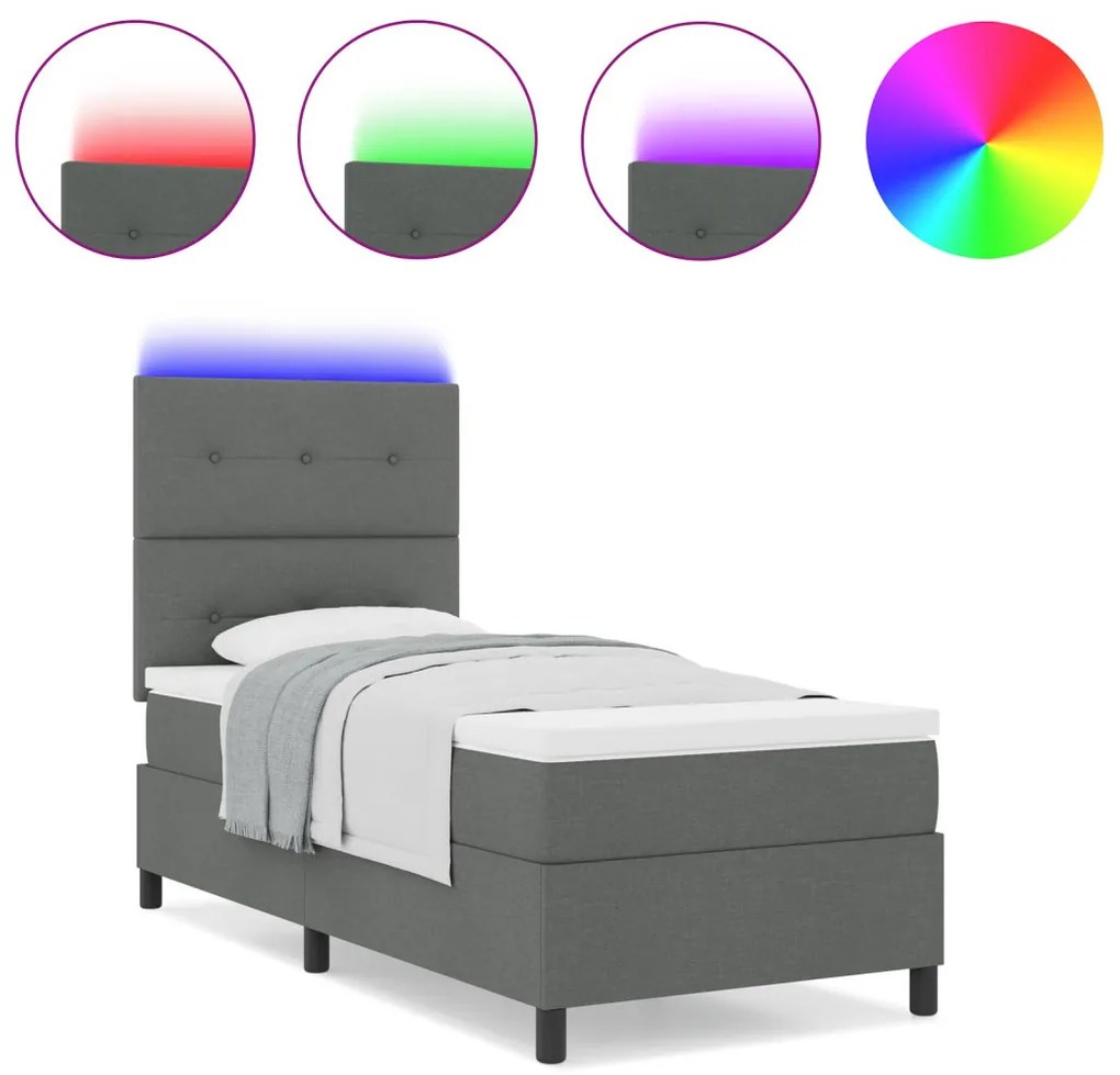 rugós ágy matraccal és LED világítással, sötétszürke, 90x200 cm szövet