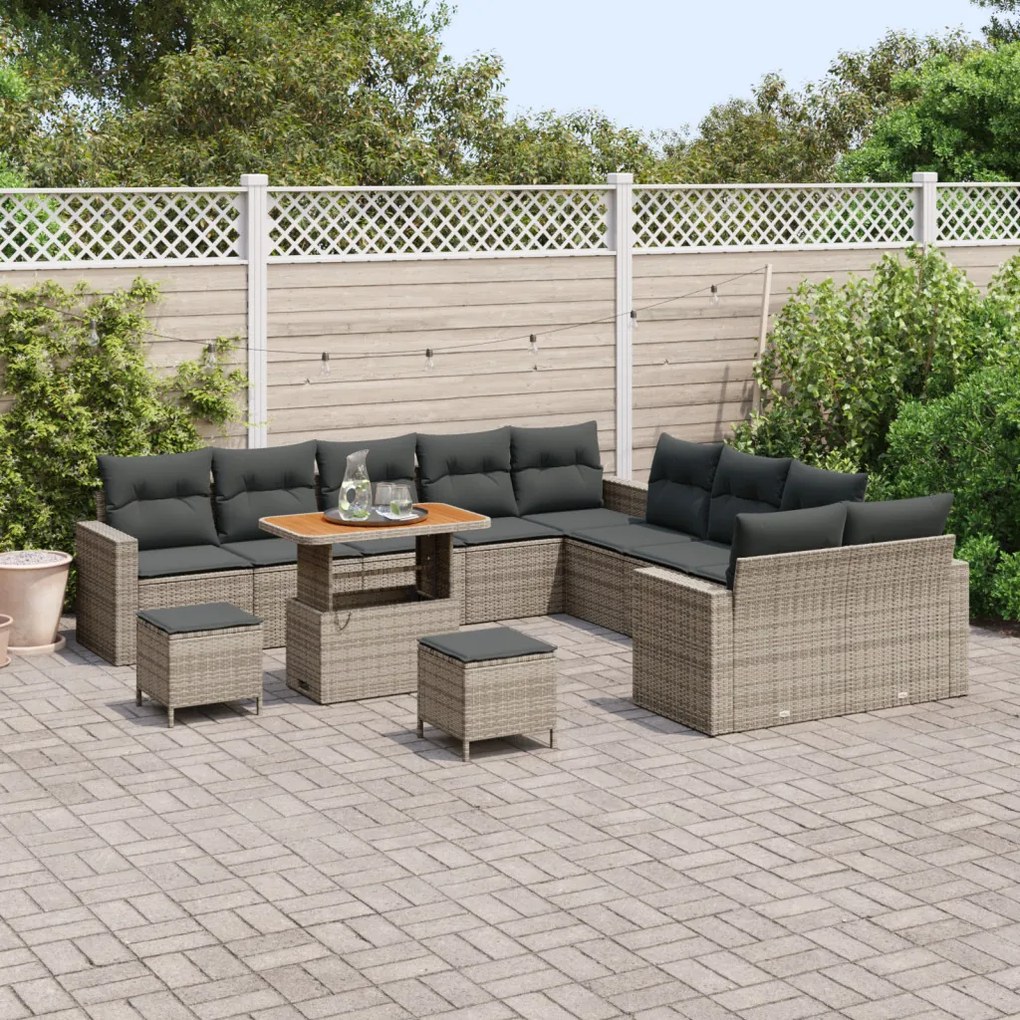 13 Részes Kertiszófa Szett Párnákkal Szürke Poly Rattan Akác