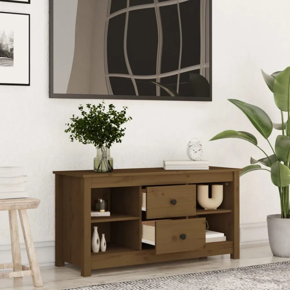 mézbarna tömör fenyőfa TV-szekrény 103 x 36,5 x 52 cm