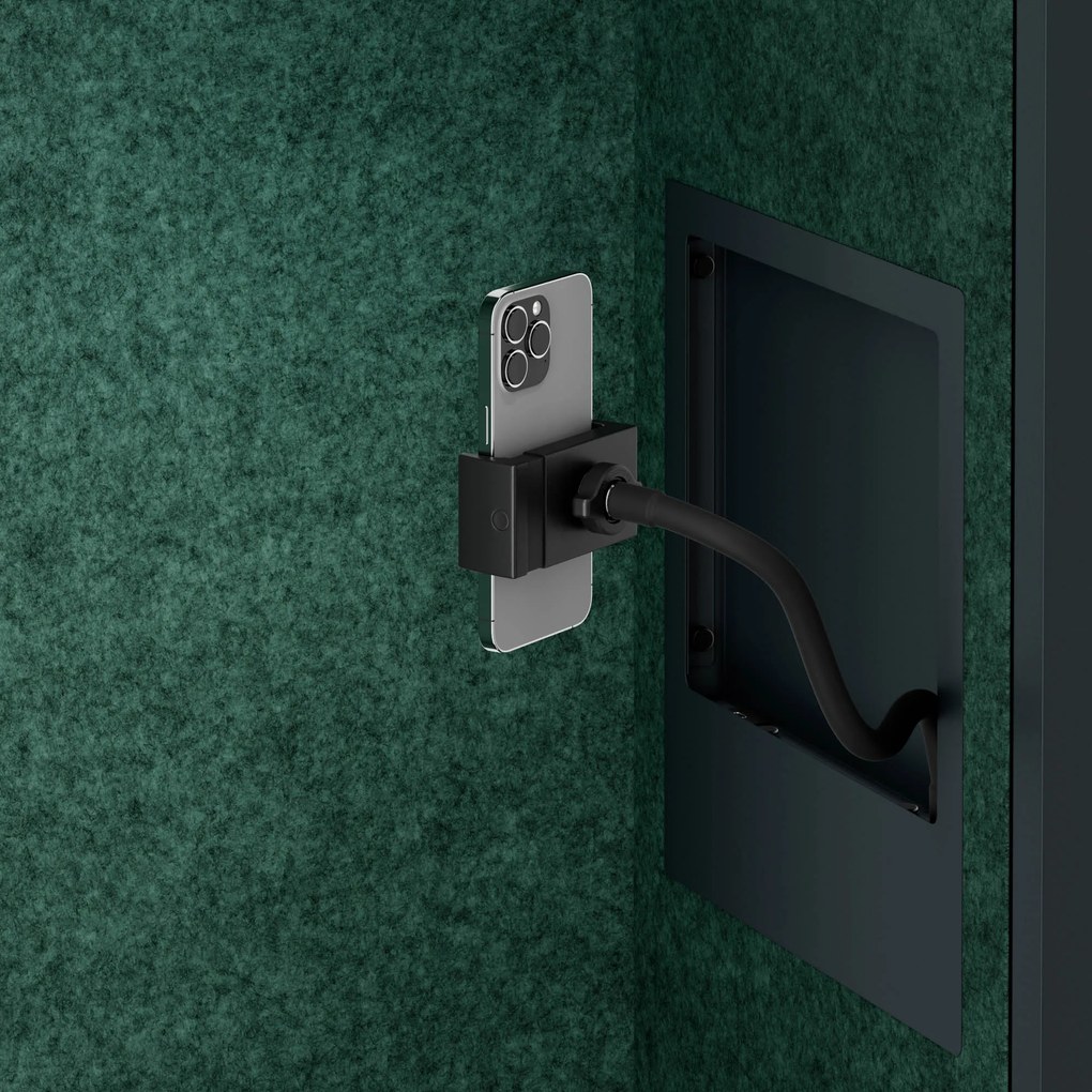 Irodai hangszigetelő fülke ülőkével és USB-C csatlakozóval, antracit színű váz / zöld ülőke, 600 mm: SALLY MentalBox