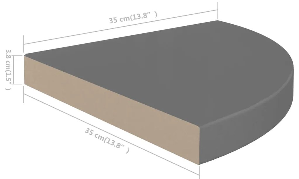 4 db magasfényű szürke MDF lebegő sarokpolc 35 x 35 x 3,8 cm