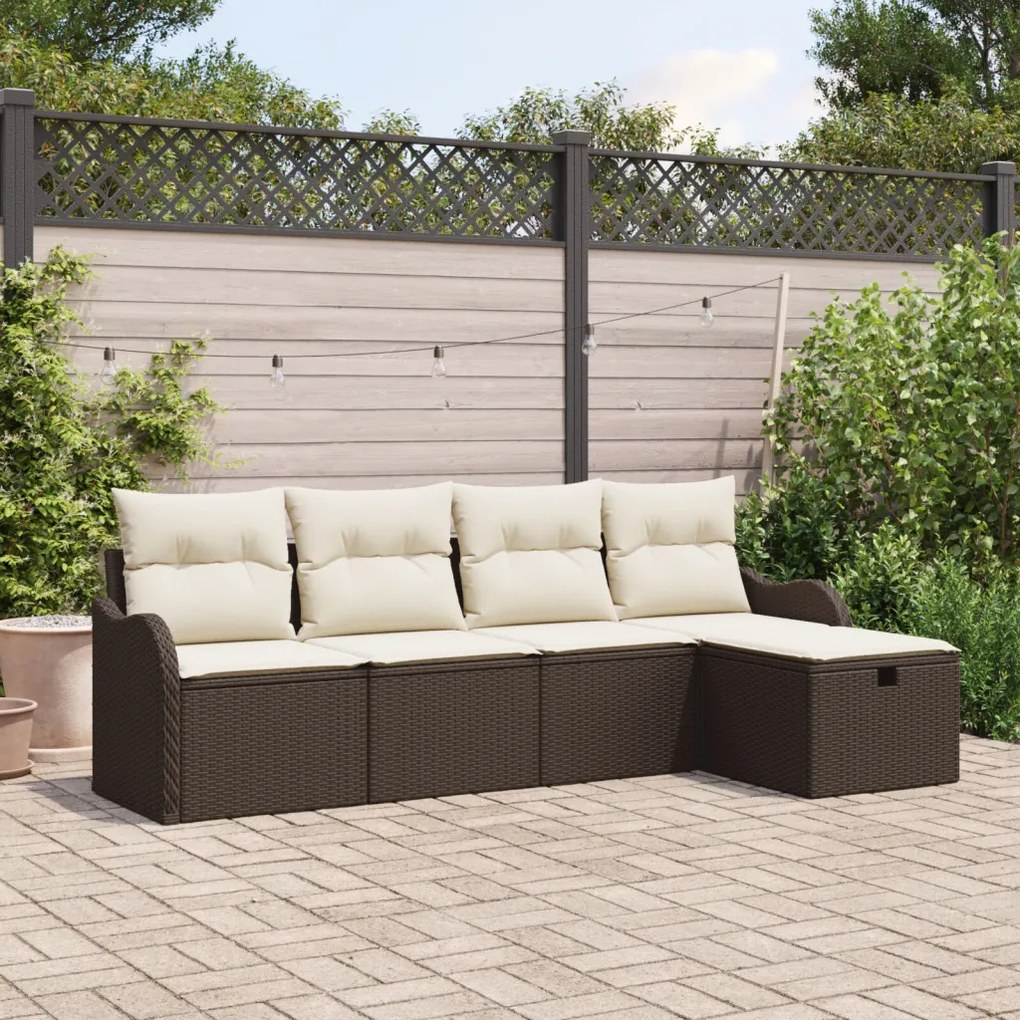 5 darabos kerti sofa garnitúra párnákkal, barna poli rattan, 2 fős kerti sofa tárolóval és párnákkal, barna poli rattan