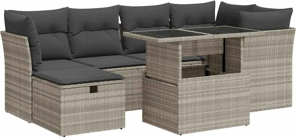 vidaXL 7 részes világosszürke polyrattan kerti ülőgarnitúra párnákkal