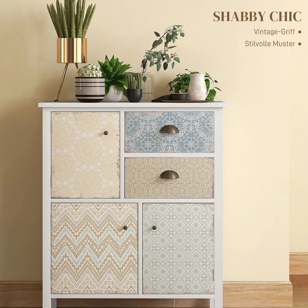 HOMCOM Tálalószekrény, shabby chic fiókos komód, 2 fiók, 3 szekrényrekesz, fenyőfa, fehér