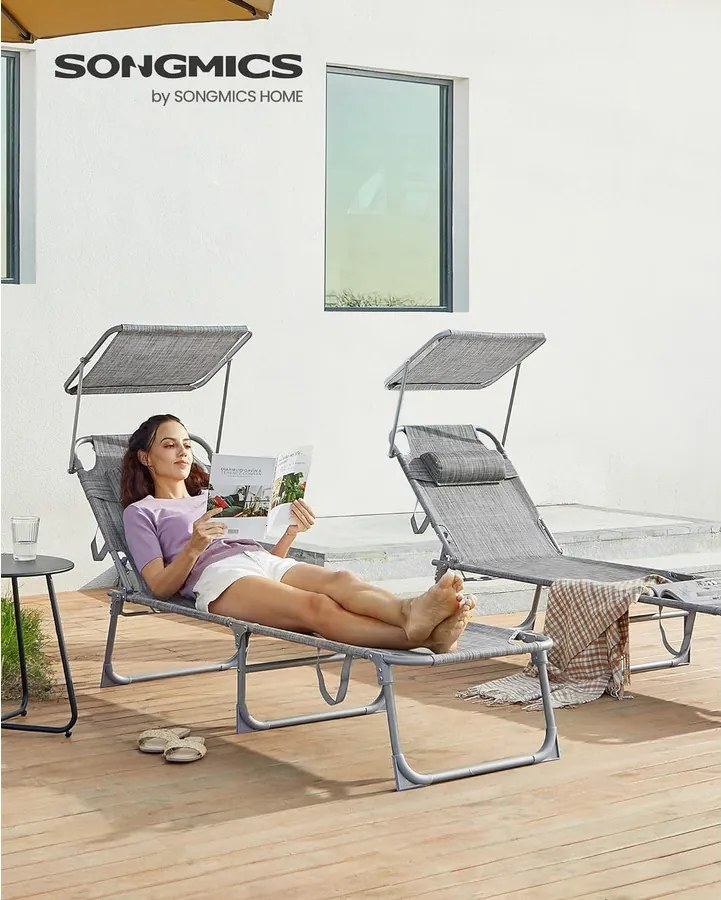 Összecsukható napozóágy napellenzővel 53 x 193 x 29,5 cm, 150 kg-ig terhelhető