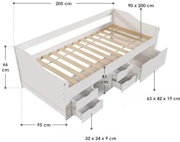 Juskys Nalu gyerekágy 90x200 cm tárolóhellyel - fehér