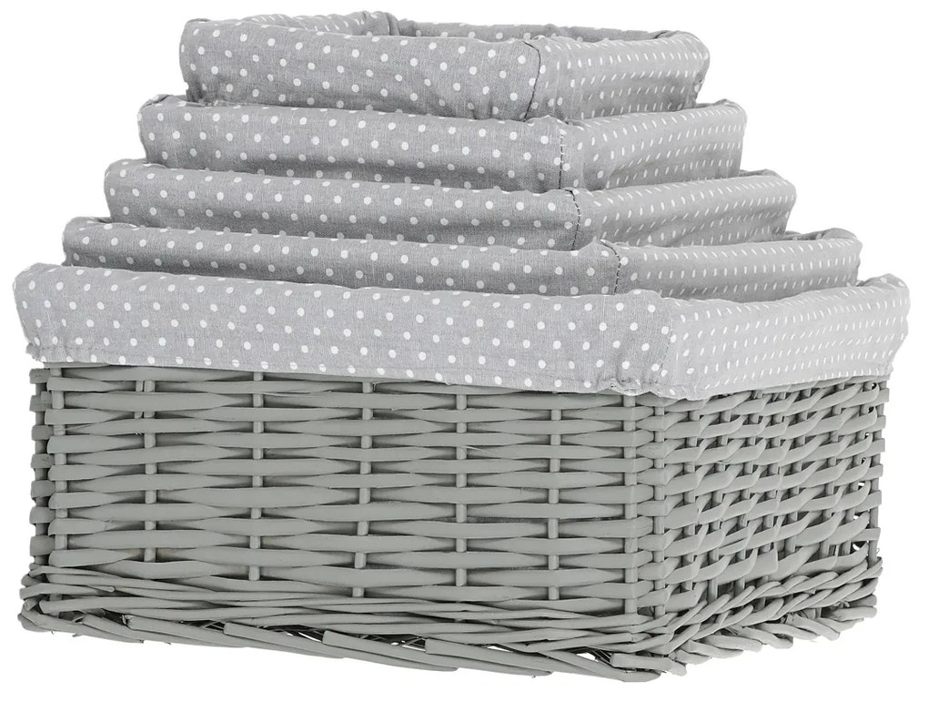 Szürke fonott kosárszett szövettel, 5 db, 5 méretben, 48 x 18 x 37 cm
