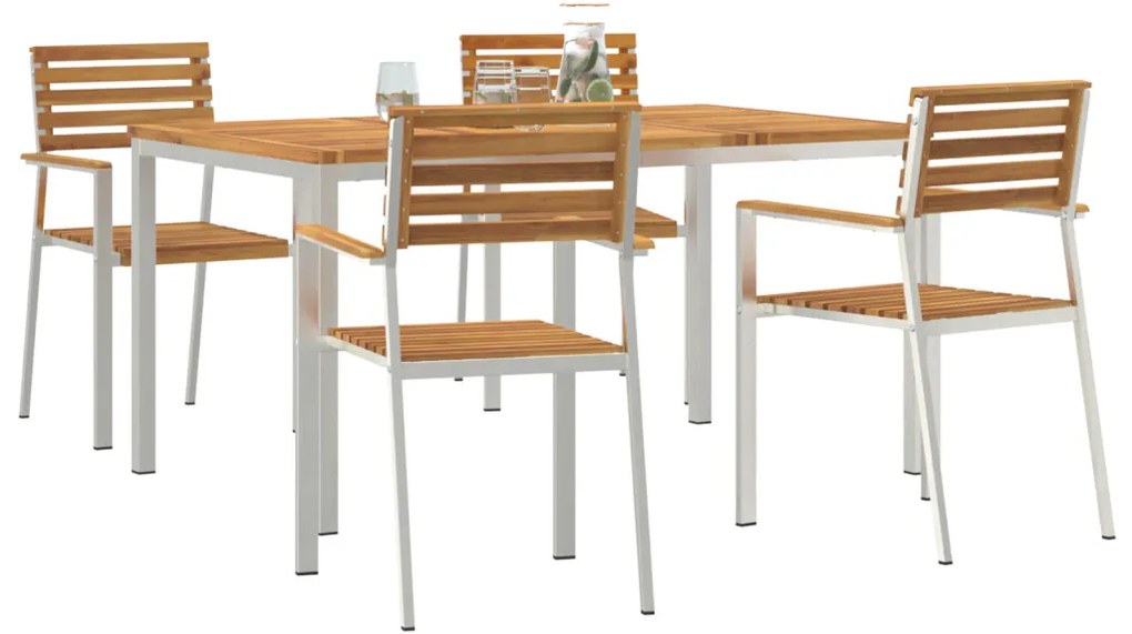 5 darabos kerti étkező szett tömör akácfából, Kültéri étkezőasztal 150x90x75 cm tömör akácfából, Összecsukható kerti székek 4 db tömör akácfa és acél
