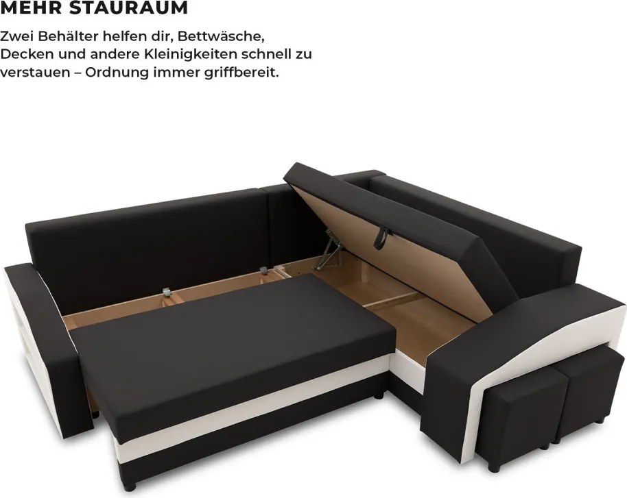 Grande sarokkanapé polcokkal és puffokkal , polc a bal karfaban puffok a jobb karfaban, jobboldali, szövet anyag, hab töltet, fekete - fehér