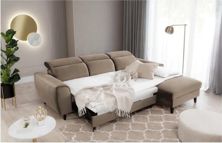 Világosbarna bársony kinyitható-tárolóhelyes sarokkanapé (jobb oldali-heverő résszel) Foble – ELTAP