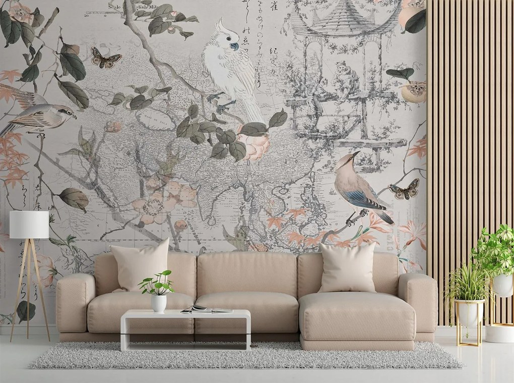 Gario Fotótapéta Vintage térkép és madarak - Andrea Haase Anyag: Vlies, Méret: 450 x 315 cm