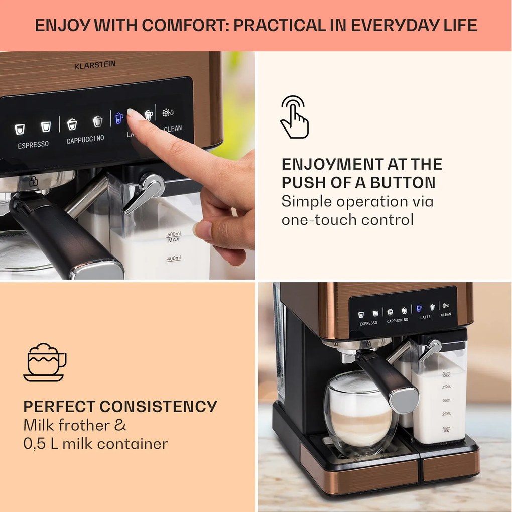 Klarstein Arabica Comfort, kávégép portaszűrővel, 1350 W, 20 bar, 1,8 l, érintőképernyő