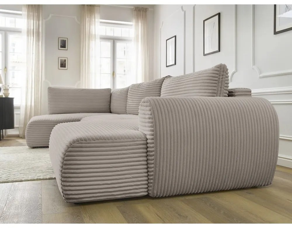 Világosszürkésbézs kordbársony kinyitható sarokkanapé (jobb oldali-U alakú) Lucien – Bobochic Paris