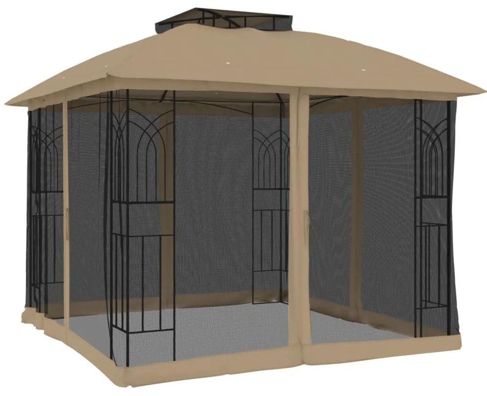 tópszínű acél dupla tetős pavilon hálós falakkal 2,94 x 2,94 m