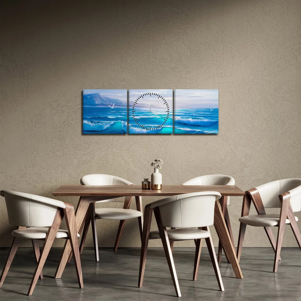Kép - Olajfestmény a tengerről sirályokkal (órával) (90x30 cm)