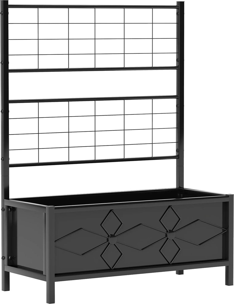 Outsunny Emelt Virágágyás Trellisszel, Kerti Emelt Kert, Kültéri Virágbox - gyémánt mintázat, vízelvezető lyukak, horganyzott acél virágágy balkonra,