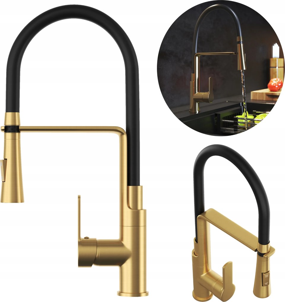 Konyhai csaptelep szálcsiszolt arany Vegas flexibilis kifolyócső álló csaptelep