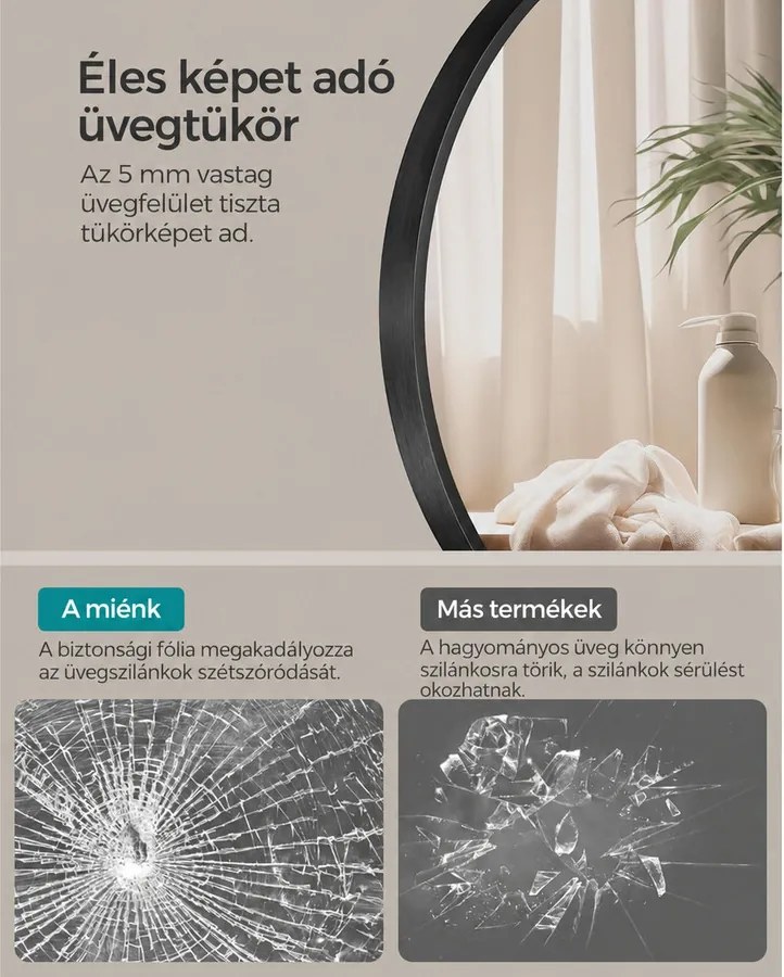 Modern fali tükör, kerek tükör, 61 cm átmérő, fekete