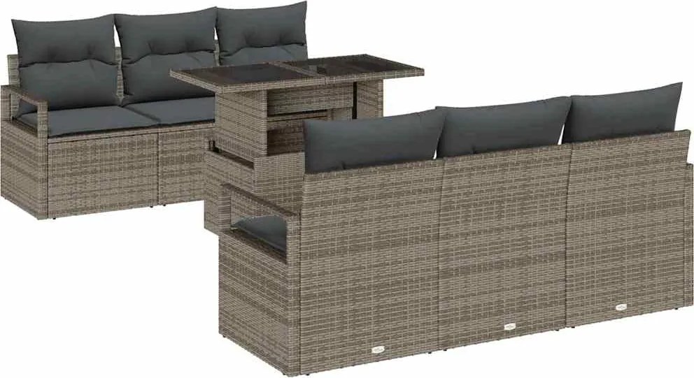 vidaXL Kerti Kanapé Szett párnával tárolóval 7 pcs Szürke Poli rattan