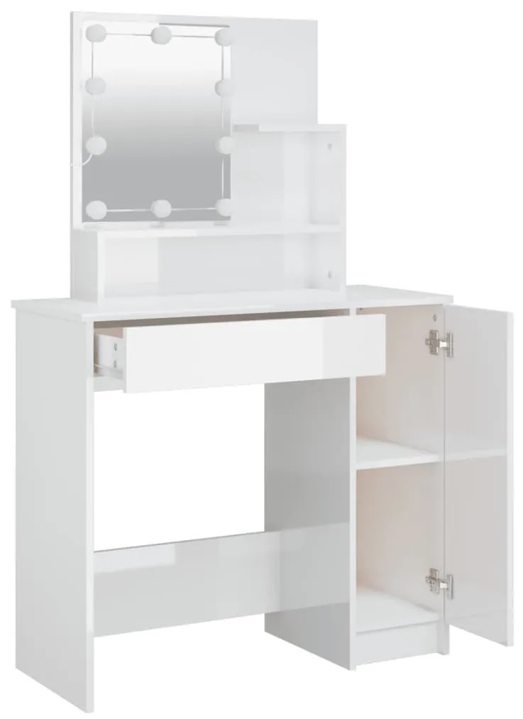 magasfényű fehér fésülködőasztal LED-del 86,5 x 35 x 136 cm