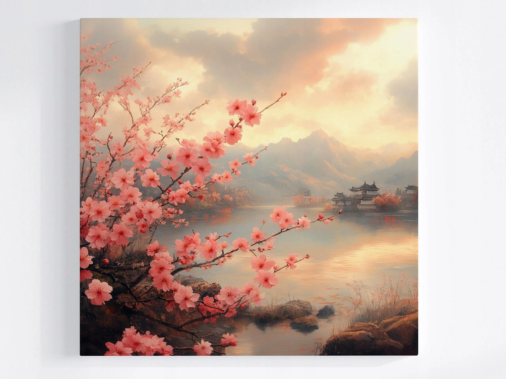 Poszter Tájkép Pagoda Fa Virágok Cseresznye Sakura 80x80