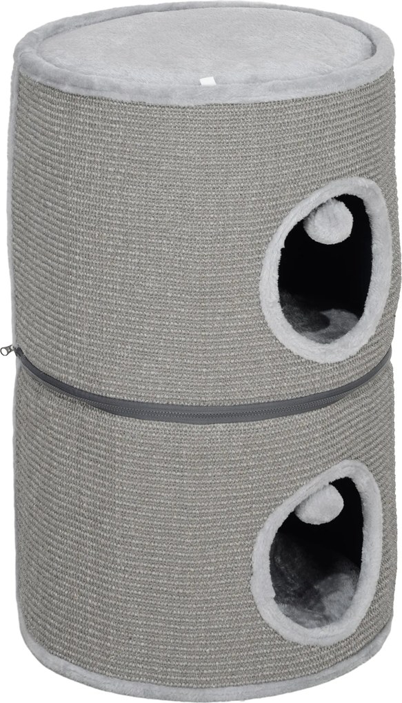 Pawhut Moduláris Macska Tornya, Fából készült Macskakaparó Kihúzható Zippel 3 Szinten, Két Labdával, Macska Barlanggal és Rejtőhellyel, Magassága 69 c