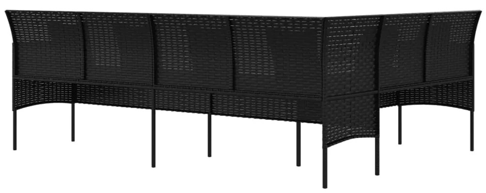 L-alakú fekete polyrattan kerti kanapé párnákkal
