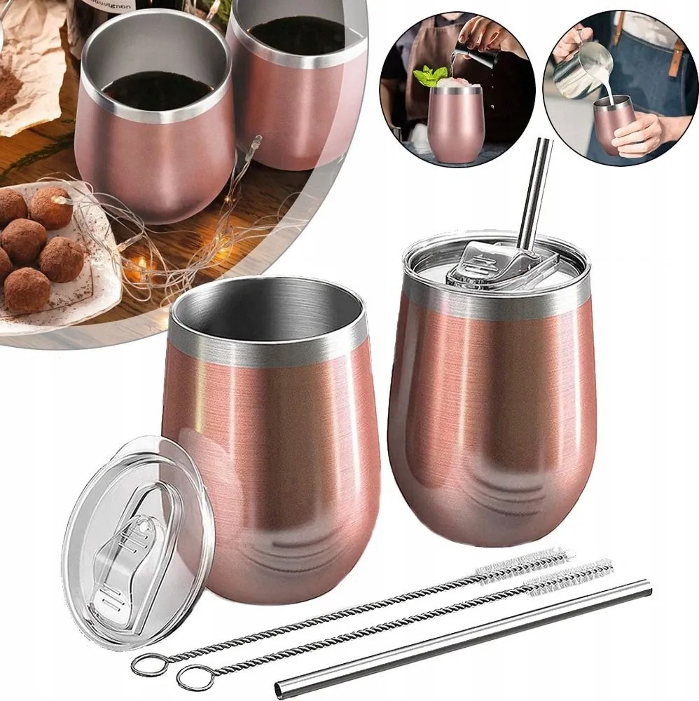 2db Dupla thermo bögre Szívószál 350 ml rózsaszín Rozsdamentes Acél