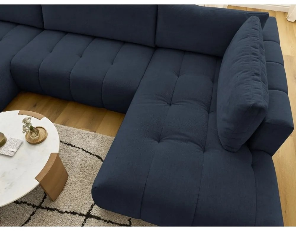 Sötétkék kinyitható-tárolóhelyes sarokkanapé (jobb oldali-U alakú) Fuji – Bobochic Paris