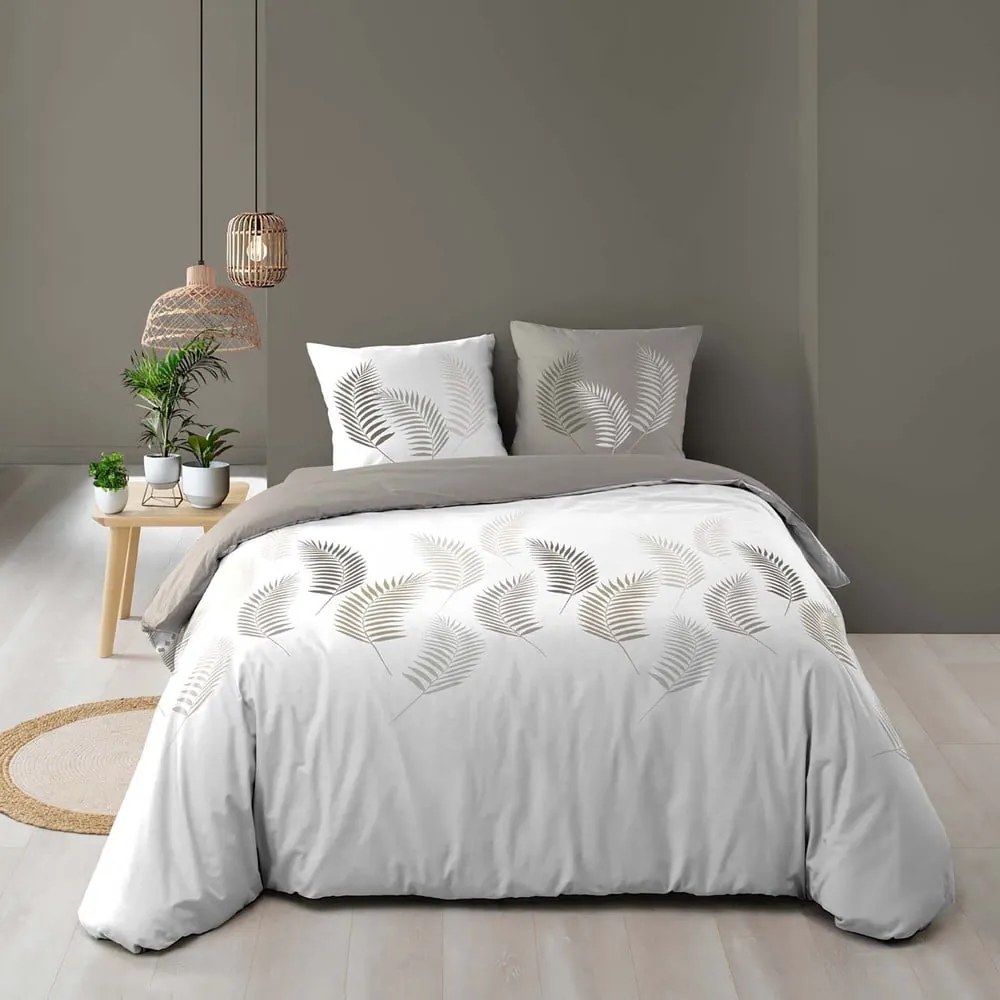 Fehér-szürkésbarna kétszemélyes hosszabbított pamut ágyneműhuzat 240x220 cm Goyave – douceur d'intérieur