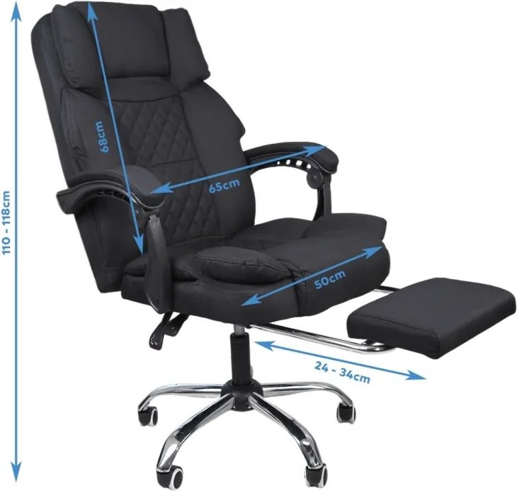 Ergonómikus irodai szék lábtartóval és masszázzsal - fekete szövet