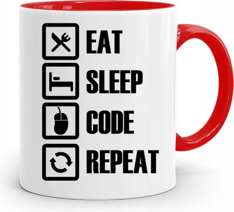 Piros Informatikai Programozó Bögre Eat Sleep nyomtatott fényképpel