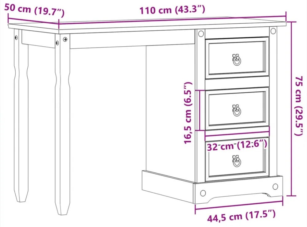 Corona tömör fenyőfa fésülködőasztal 110x47x75 cm