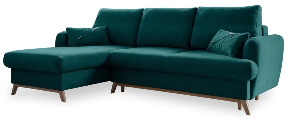 Türkiz kinyitható-tárolóhelyes sarokkanapé (bal oldali-heverő résszel) Scandic Lagom – Miuform