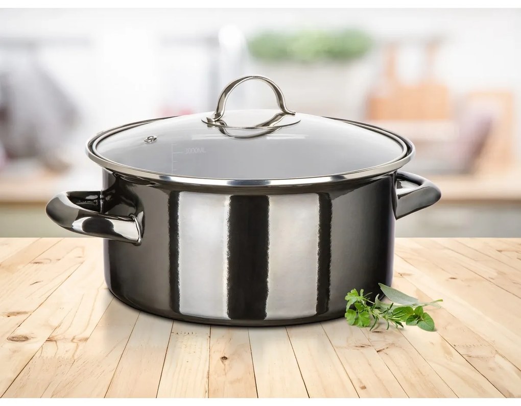 Banquet Emaille-beschichtete Pfanne METALLICSchwarz 22 cm, 3,7 5 l, mit Deckel, 22 cm