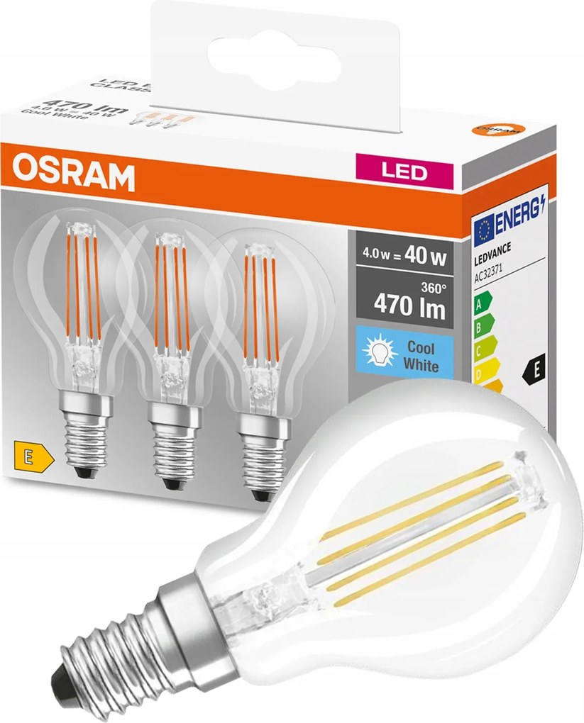 3x Led izzó E14 P45 4W 40W 470lm 4000K Semleges 320° Filament Osram