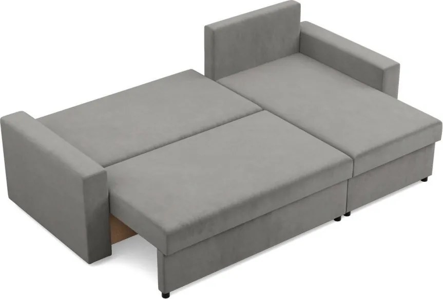 Zeus sarokkanapé, 2 ágyneműtartóval, egyenes kartámasz, bársony, univerzális oldal, bonell töltet, világosszürke