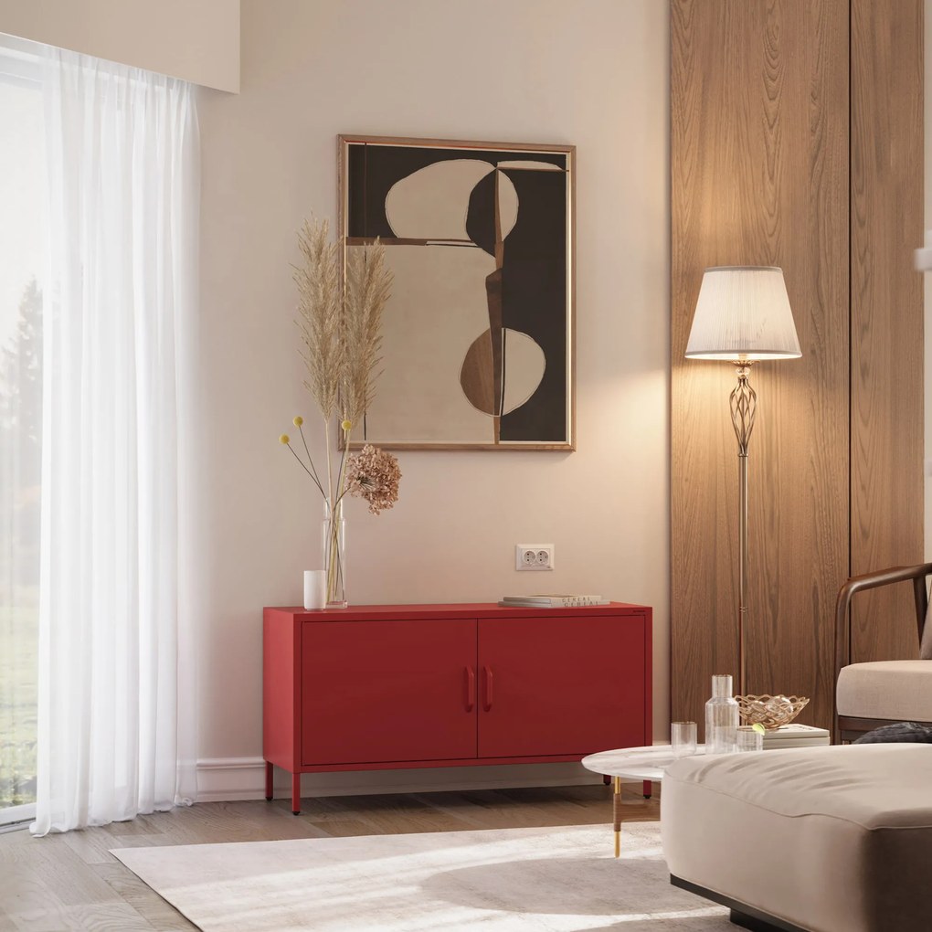 Fém TV-szekrény lábakkal, piros, 1150x595x400 mm: ROSA Modern