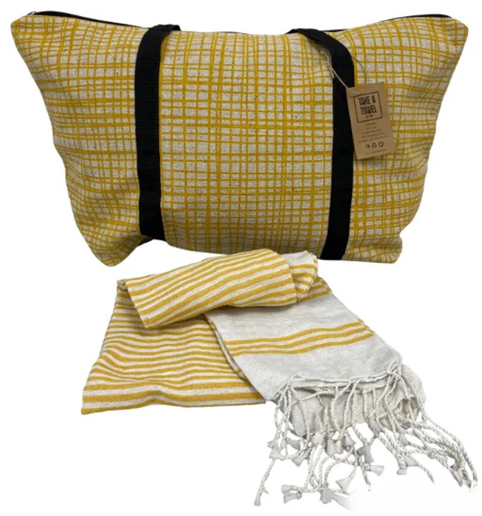 Stílusos strandtáska és fürdőlepedő szett HAMAM 75x150 cm, okkersárga, 100% organikus pamut