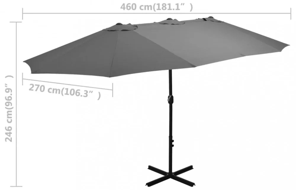 antracitszürke kültéri napernyő alumíniumrúddal 460 x 270 cm