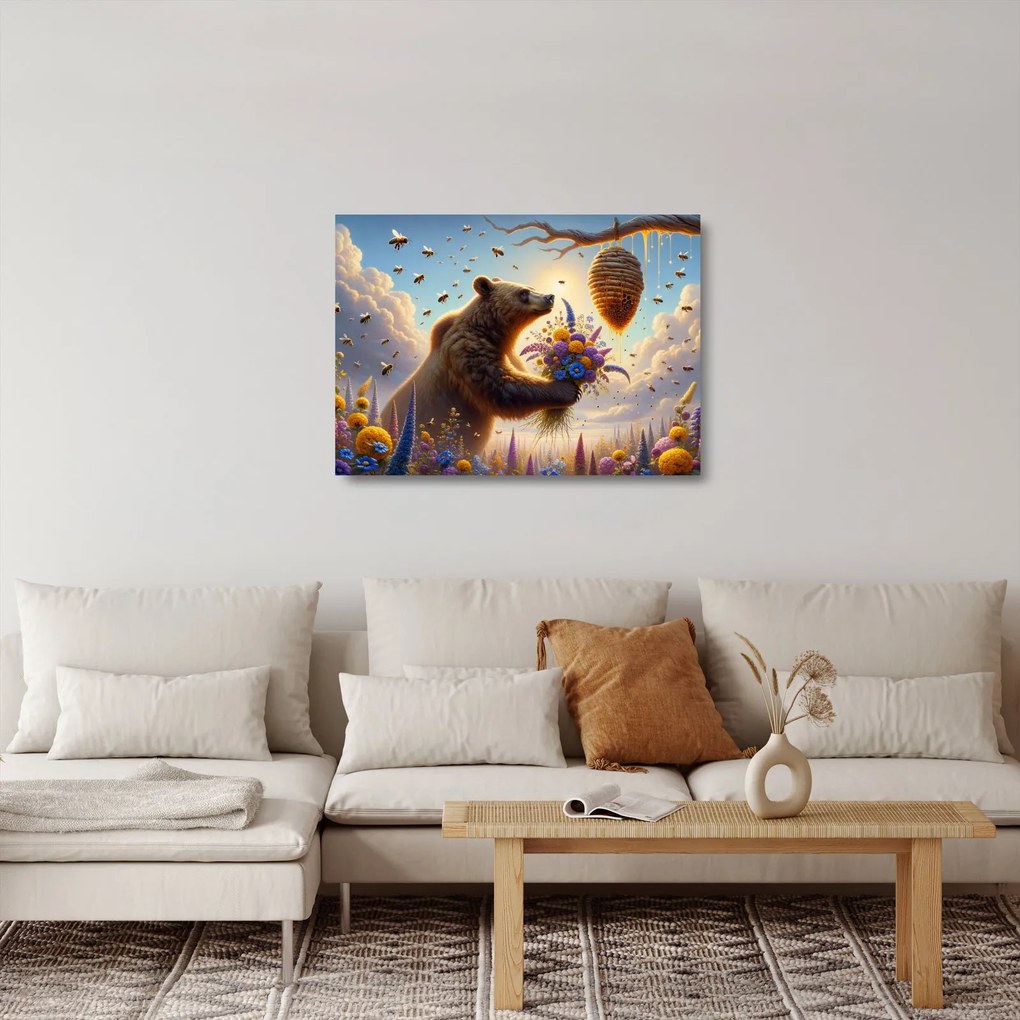 Üveg kép - Medve és méhek (70x50 cm)