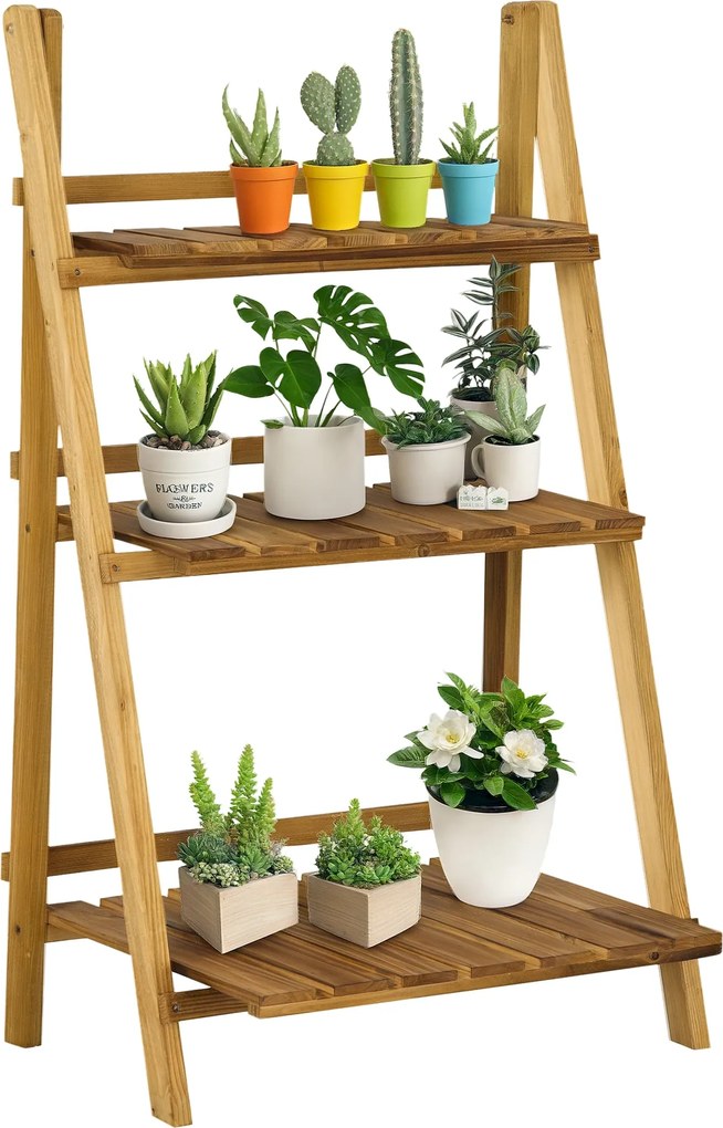 Outsunny 3-Tiers Virágtartó, Összecsukható, 93 cm Magas Virágállvány Belső és Külső Használatra, Fából készült Virágtartó Polc, Virágcserép Állvány Tá