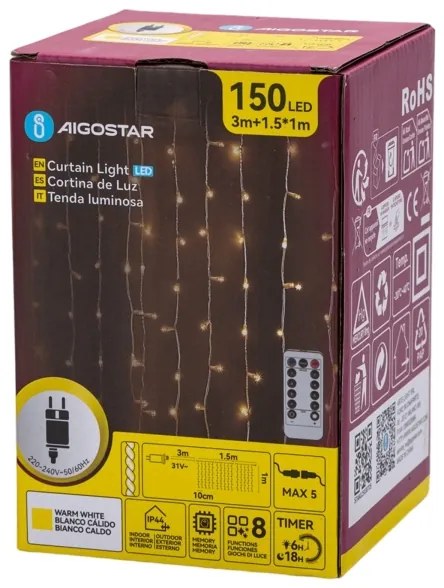 Aigostar - LED kültéri karácsonyi fényfüzér 150xLED/6W/230V/8 világítási mód 1,5x1m IP44 meleg fehér + távirányító